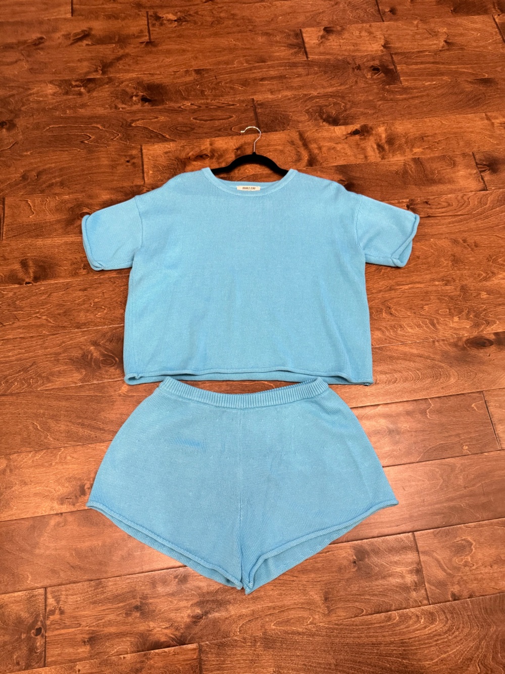 Double Zero Sky Blue Knit Short Sleeve Crew Top and Shorts set